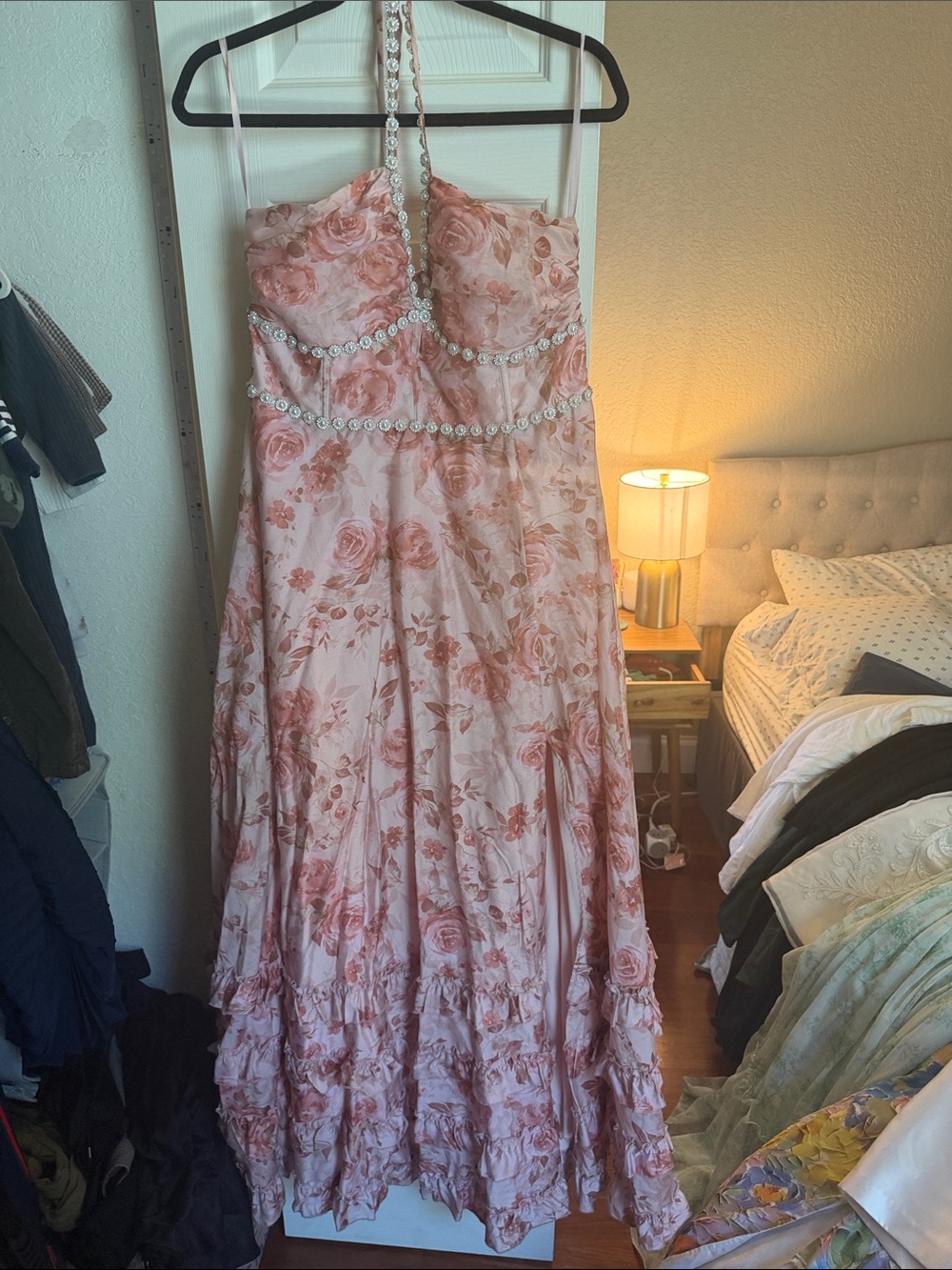 Altar'd State Pink Rose-Print Strapless Maxi Dress with Pearl Bands